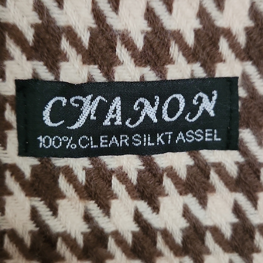 100% Clear Silk Tassel Scarf Unisex Camel beige Brown Houndstooth Luxury - Picture 4 of 10